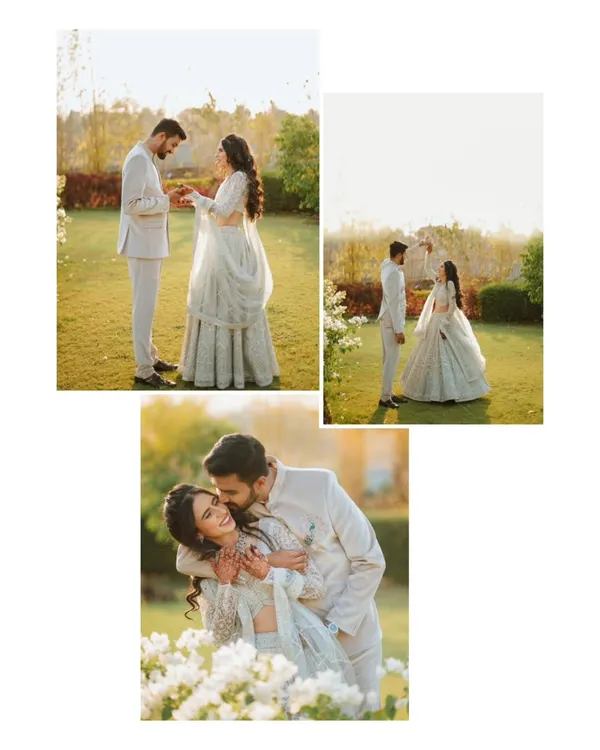 A collage of a sun-drenched outdoor engagement shoot. The couple, dressed in light, elegant attire, shares romantic moments in a beautiful garden, creating a bright and airy feel.