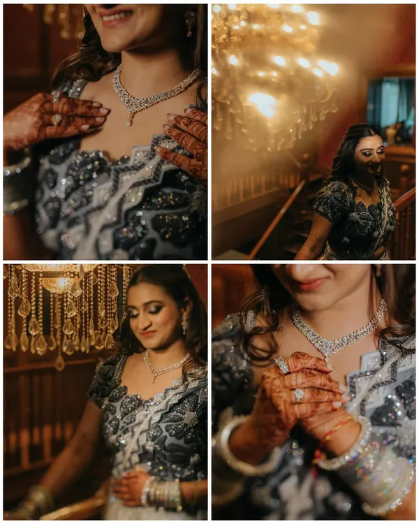 A collage of the bride enjoying her Sangeet night, showing off her jewelry and her happy smiles. We capture the details and the emotions of the evening.