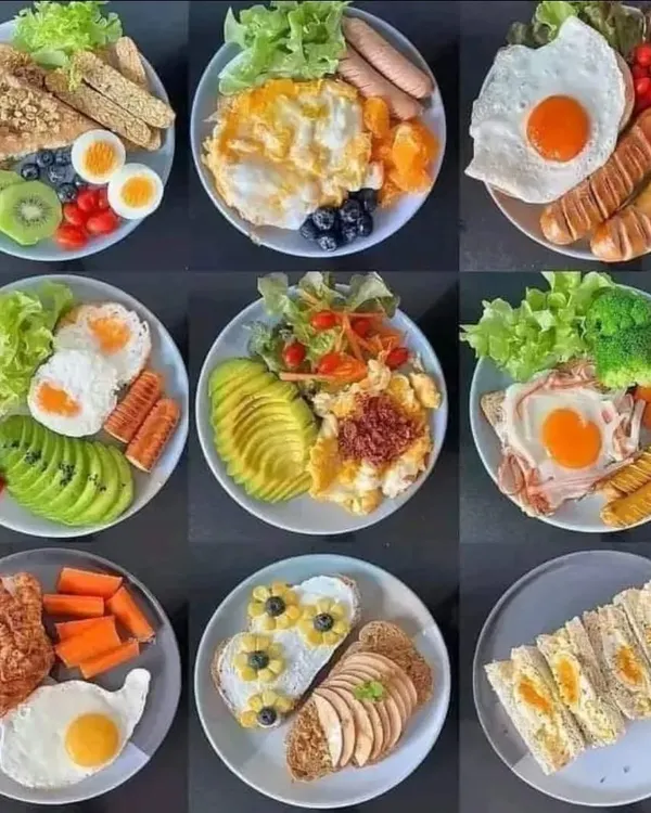 We offer a wide range of healthy and balanced breakfast plates. This collage shows various options, including eggs, sausages, avocado, fresh fruits, and whole-grain toast to start the day right.