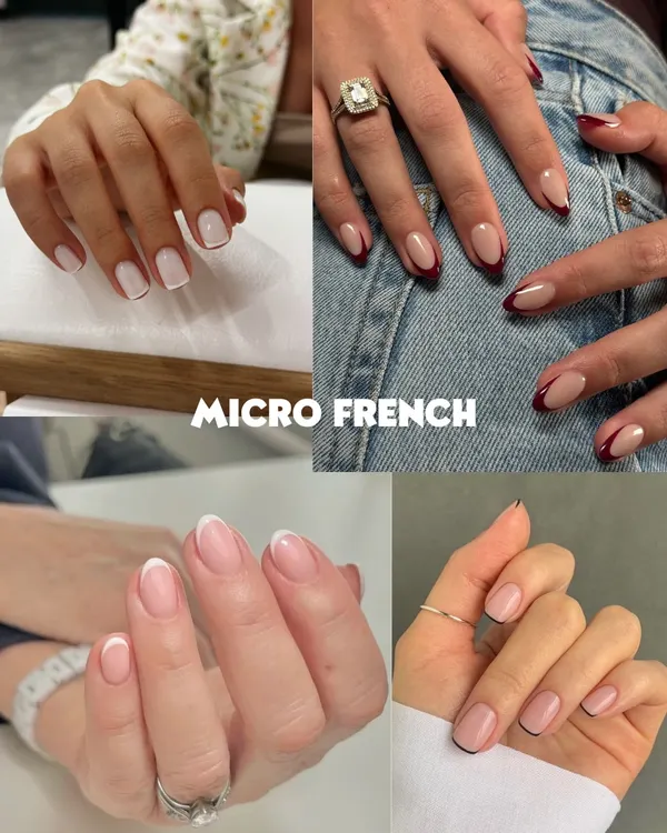The micro-French is a modern classic. This collage shows different variations, from the traditional white tip to a bold burgundy, all on beautifully shaped natural-looking nails.