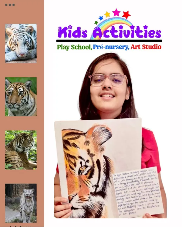 We encourage creativity and innovation from beginners to advanced levels. This talented student proudly displays her detailed tiger drawing, a result of our coaching program that builds essential life skills through art.