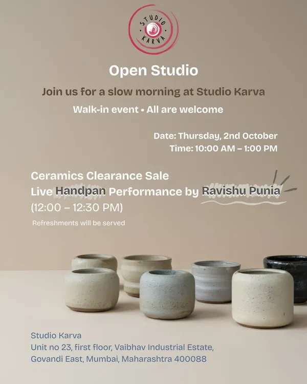 The invitation to one of our Open Studio mornings. These are walk-in events where we welcome everyone to explore the studio, see our work, and enjoy the community atmosphere.