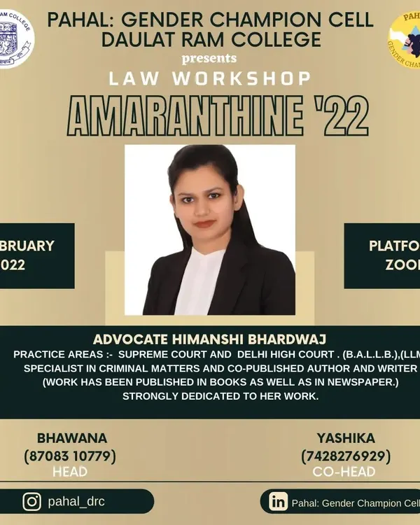 It was an honor to be invited by the Gender Champion Cell of Daulat Ram College to conduct a law workshop. I am passionate about mentoring aspiring lawyers and breaking down the complexities of the legal field for students.