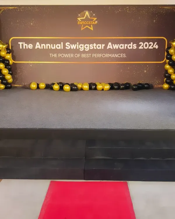 The main stage setup for the Annual Swiggstar Awards 2024. I was honored to design the backdrop and stage decor for this important corporate event celebrating Swiggy's top performers.