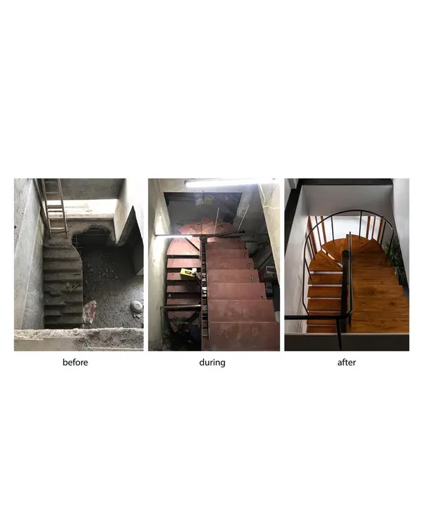 This series shows the transformation of a staircase, from a bulky concrete structure to a light, sculptural element. The final design with open risers allows light to penetrate deep into the home.
