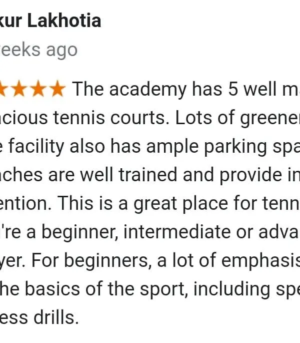 A player review highlighting our five well-maintained courts, ample parking, and the individual attention provided by our trained coaches for beginner, intermediate, and advanced players.