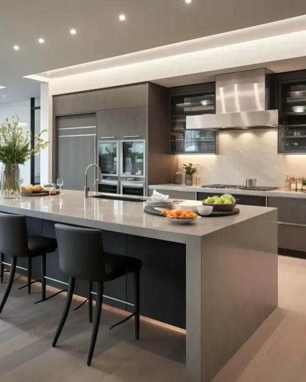 A luxury kitchen featuring a large waterfall island with a breakfast bar. The design uses handleless dark grey cabinets, integrated high-end appliances, and sophisticated overhead lighting for a sleek, professional-grade cooking space.