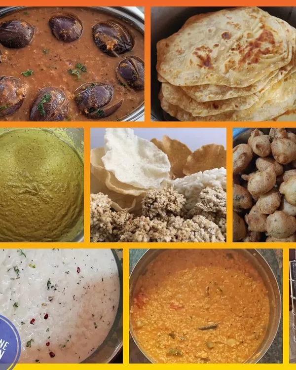 A complete customized lunch delivered for an office meeting. This spread includes authentic ennegayi, chapati, bisibelebath, curd rice, bonda, and more, all packed neatly in a steel tiffin carrier.