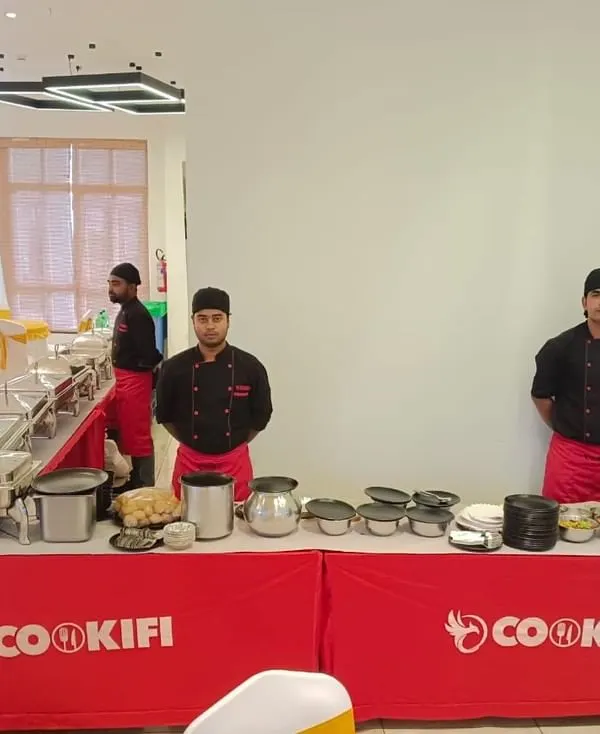 A live pasta and chaat counter setup for a house party at Prestige Lakeside Habitat. These interactive stations are always a crowd-pleaser.