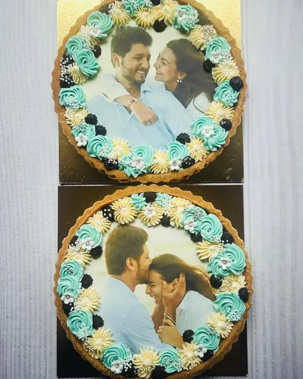 A sweet story of love, told through two matching photo tarts. Each tart features a different cherished moment, beautifully framed with hand-piped buttercream, making for a truly personal anniversary gift.