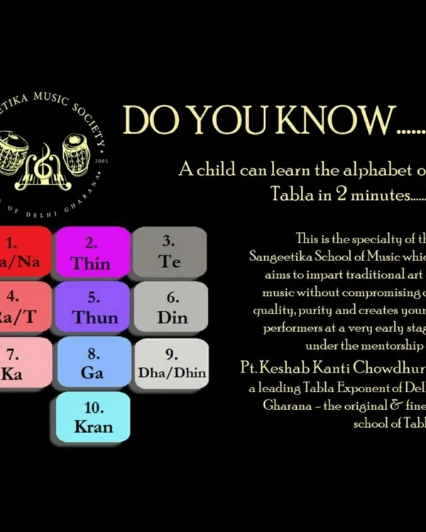 Did you know a child can learn the alphabet of tabla in just a few minutes? This graphic shows the ten basic bols, or syllables, that form the foundation of all tabla playing. My teaching method focuses on imparting this traditional art without compromising on quality or purity.