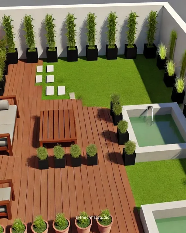 An overhead view of a terrace design, showcasing a well-planned layout with a wooden deck, a small water feature, and strategically placed planters. This design maximizes the use of space for both relaxation and greenery.