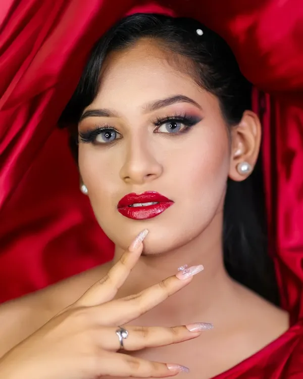 A classic Hollywood glamour look. We teach our students to perfect the bold red lip and sharp winged eyeliner, a timeless and highly requested style.