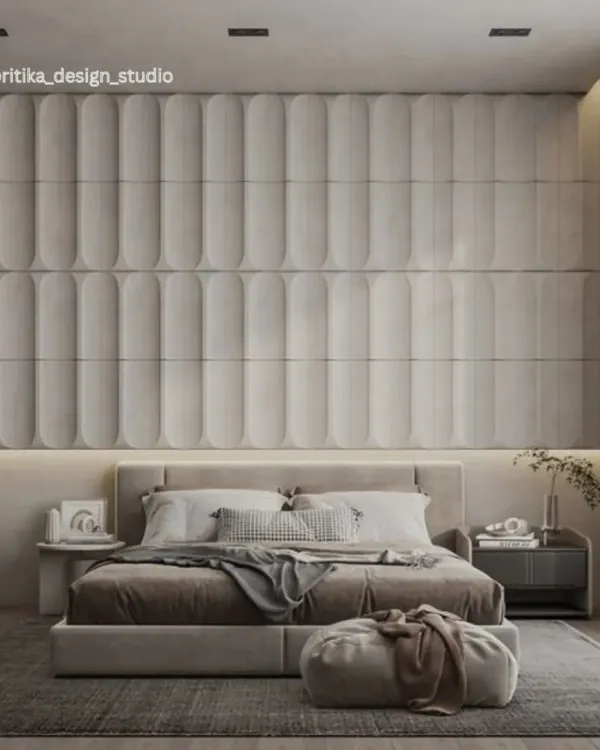 This bedroom is a sanctuary of calm sophistication, designed with a neutral color palette and rich textures. I focused on creating a sense of minimalist luxury through the floor-to-ceiling upholstered wall panels, layered ambient lighting, and plush, comfortable bedding to create a truly restful escape.