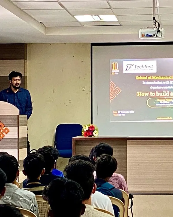 Our lead mentor kicking off a 'How to Build a Robot' workshop at Reva University. We partner with colleges to provide practical, hands-on sessions for their mechatronics and engineering students.