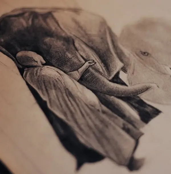 A peek at a piece I never completed. This is a surrealist pencil sketch of a person embracing an elephant, showing a work in progress.