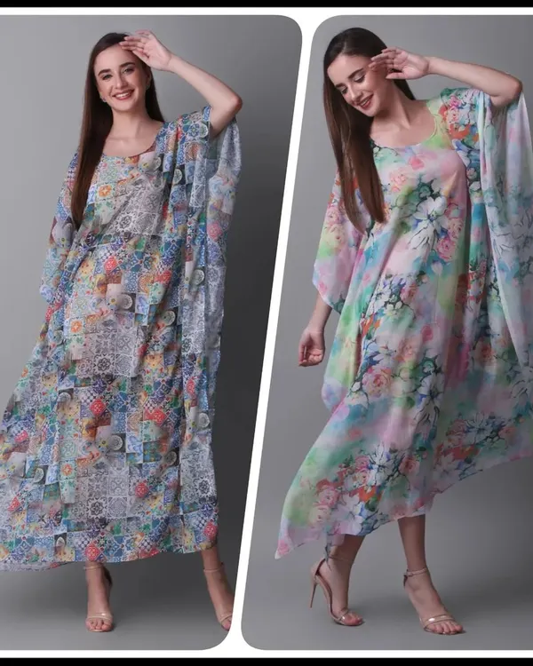 A model showcasing two different printed kaftan dresses. This side-by-side comparison is effective for e-commerce platforms where customers choose between multiple patterns.