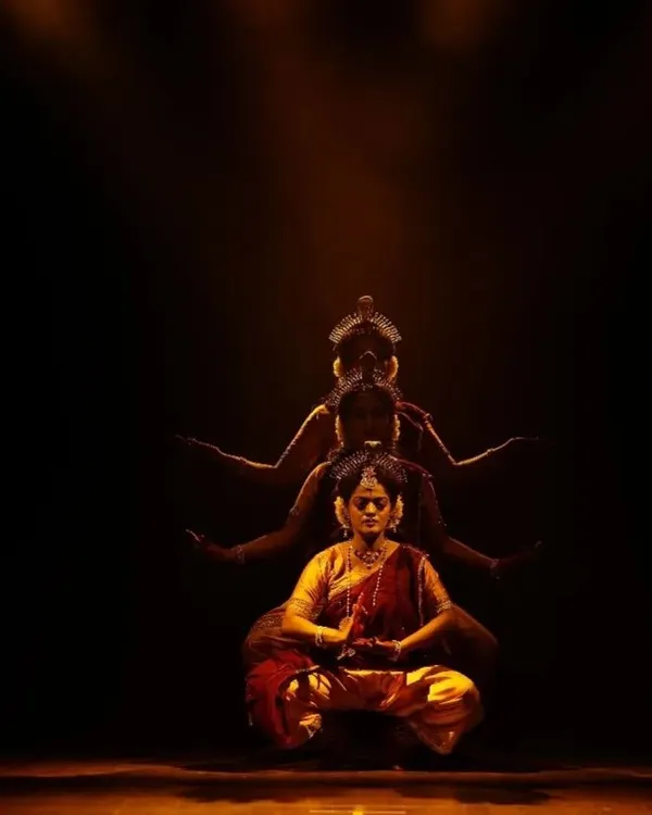 A meditative pose from 'Shrishti Stithi Laya', our production on the cosmic cycles of creation and dissolution. The dramatic lighting and serene posture evoke a sense of timelessness and divine order.