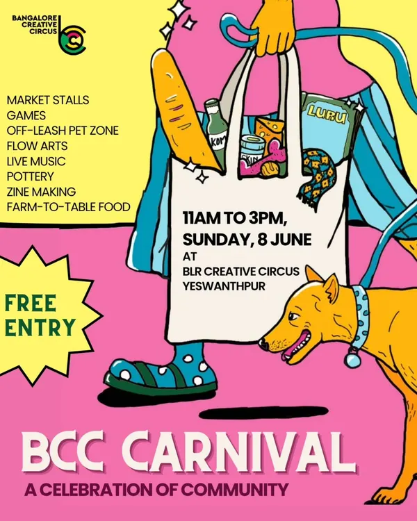 This poster for our BCC Carnival captures the event's essence: a pet-friendly celebration of community with market stalls, games, and farm-to-table food. It’s a day of fun and connection for everyone.