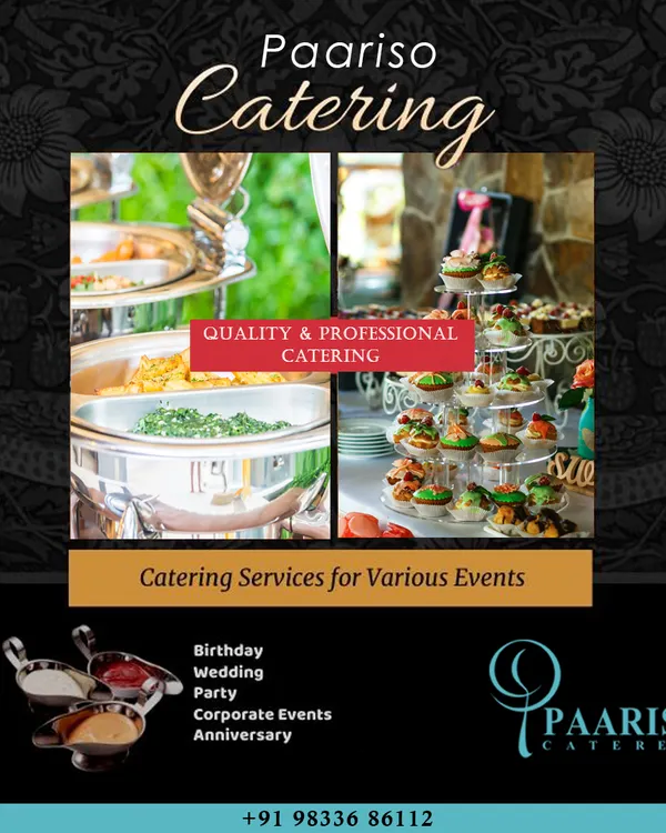 A snapshot of our catering services for various events, from birthdays to corporate functions. This collage shows our versatile buffet setups and our popular multi-tiered dessert stands.