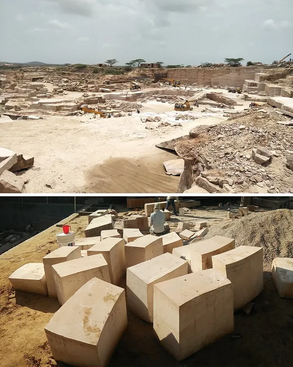 The journey of the 'House of Solid Stone' began at the source. This image shows the sandstone quarry in Rajasthan and the massive blocks cut and prepared for the project, where we committed to using no material other than stone for construction.