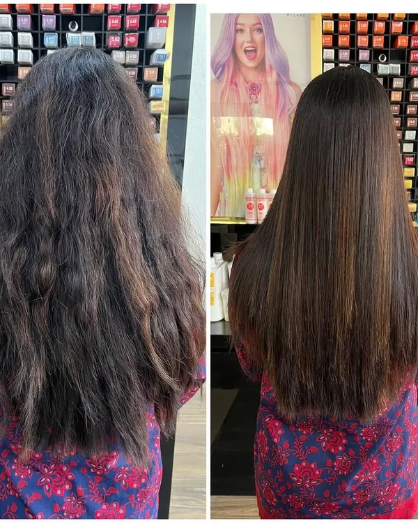 This before and after shows how a protein treatment can bring dull, frizzy hair back to life with shine and smoothness.