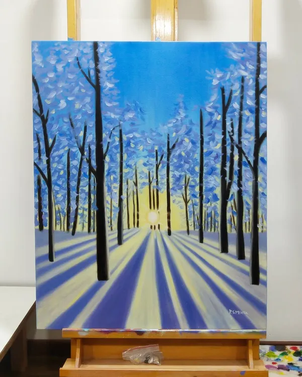 "Forest Illumination," a 24 x 30 inch oil on canvas. I wanted to capture the quiet beauty of a snowy forest sunrise, focusing on the long shadows and the cool, crisp light.
