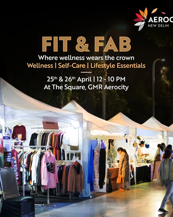 A nighttime view of the bustling 'Fit & Fab' wellness and lifestyle pop-up market at The Square. This image showcases a stylish shopping experience where self-care meets retail therapy.