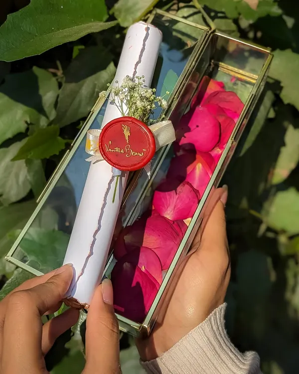 Our Vintage Love Letter Scroll, a timeless romantic gesture. Your personalized message is presented on aged paper with a wax seal in a keepsake glass box.