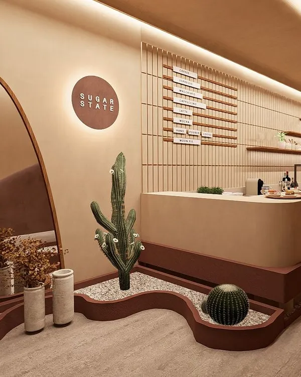 The counter at Sugar State Bakery, where design meets dough. I used flowing, organic shapes and an earthy color palette to create a space that feels as warm and inviting as freshly baked bread.