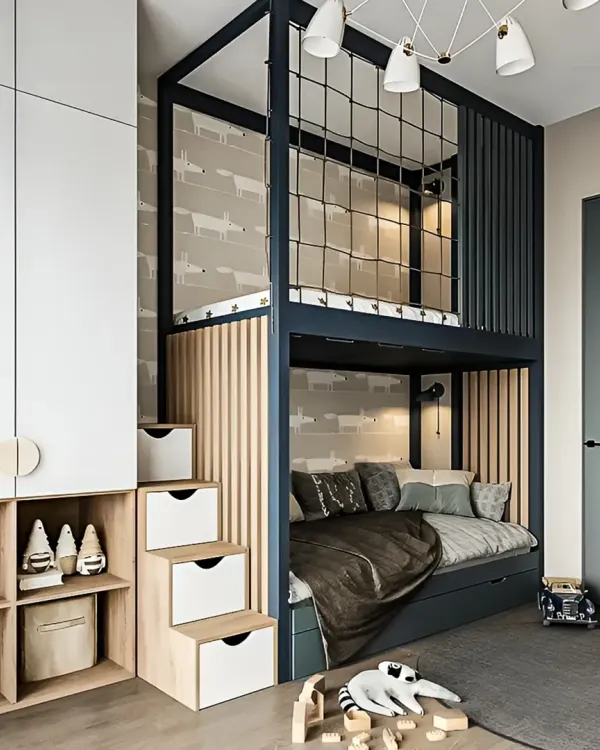 A fantastic bunk bed design for a compact room, featuring a safe, netted upper bunk and a cozy lower bed. The integrated staircase doubles as a set of drawers, showcasing a smart use of vertical space.