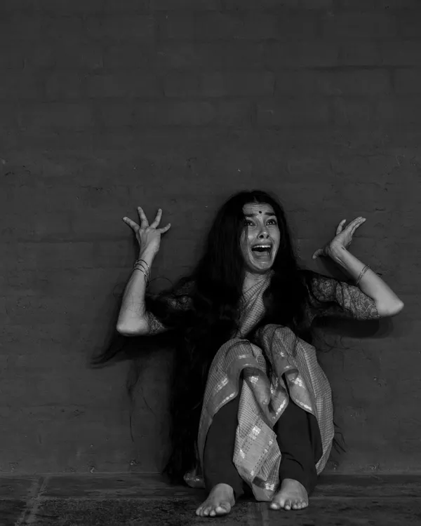 This is the face of pure fear, or 'Bhaya Rasa'. It was a surprisingly difficult emotion to tap into, but letting go and expressing it fully was an incredibly freeing experience as an artist.