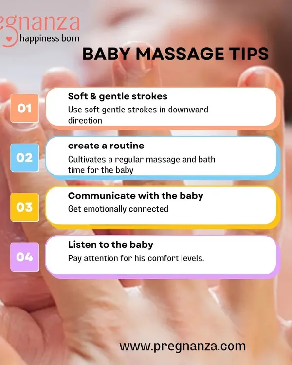 Our Ayurvedic baby massage is a gentle, time-tested practice to support your newborn. This infographic shows our core principles: using soft downward strokes, creating a consistent routine, communicating with your baby through touch, and always paying attention to their comfort.