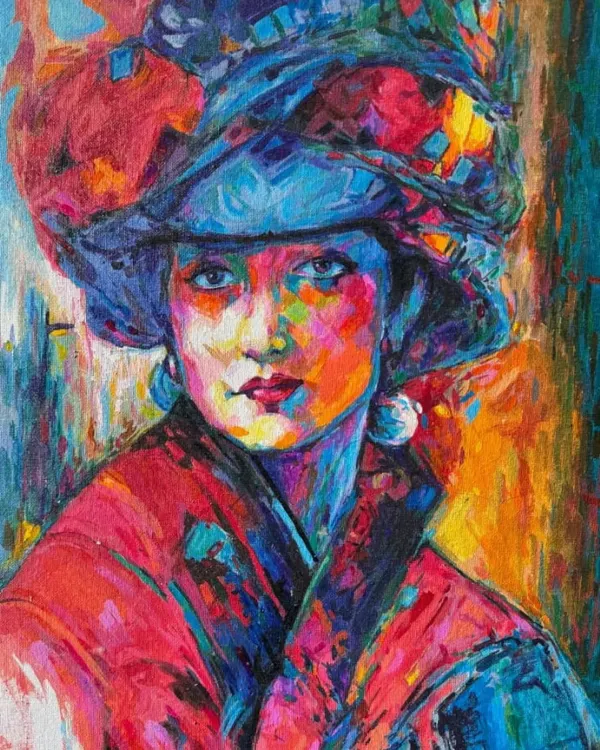 This vibrant portrait of a woman in a hat is created using the "frottage" technique, which involves rubbing a textured surface to create an impression. The result is a colorful and expressive piece with a unique texture.