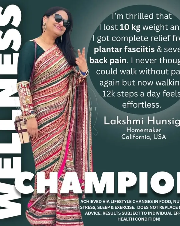 Lakshmi's journey is a testament to overcoming chronic pain. She went from struggling to stand due to plantar fasciitis and severe back pain to walking 12,000 steps effortlessly. Through targeted lifestyle changes, she lost 10 kg and regained her mobility and confidence.