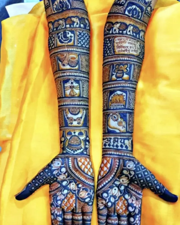 This is the kind of masterpiece I love to create for my brides. Notice the incredible detail in each section, from the tiny elephants to the traditional symbols, all brought to life with my 100% organic henna for a deep, guaranteed stain.