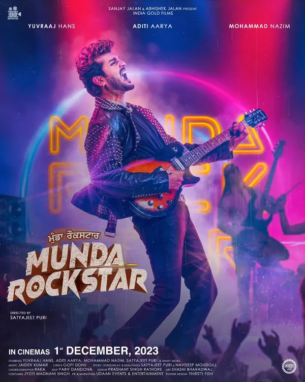 This is the official poster for the film 'Munda Rockstar'. I designed the lead's entire look to capture that perfect blend of a rebellious musician with a traditional Punjabi heart. The studded leather jacket and guitar say it all.