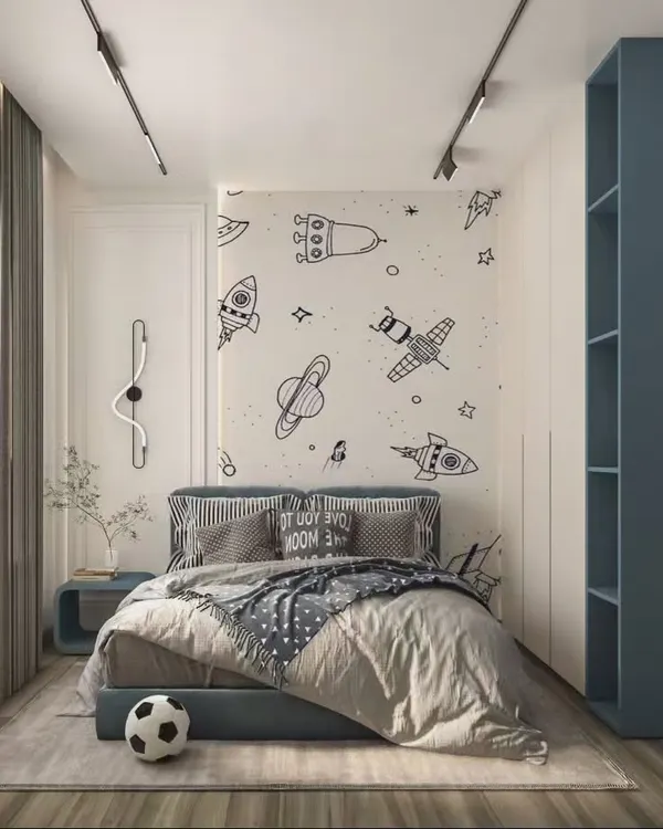 A modern kid's bedroom concept with a space-themed wallpaper. This design shows our ability to create imaginative and stylish rooms for children.