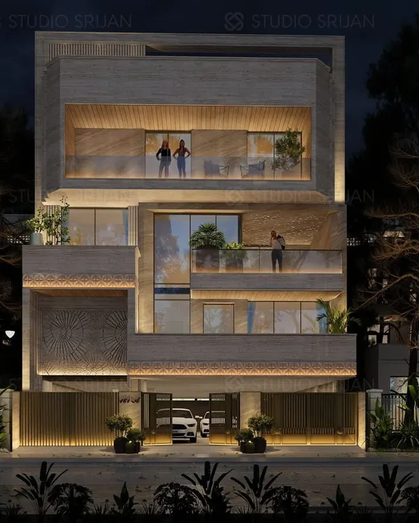 This 400 sq. yard residence in Sushant Lok, Gurgaon, demonstrates our expertise in lighting design. The night-time render highlights how we use strategic illumination to create a dramatic and luxurious ambiance, emphasizing the building's multi-layered facade and warm, inviting balconies.