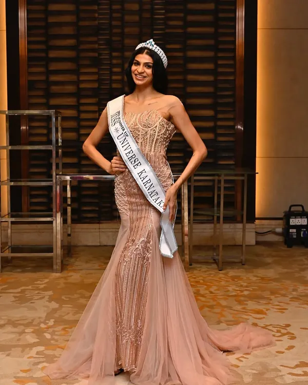 A full-length view of the elegant gown and the polished makeup and hair I created for the Miss Universe Karnataka runner-up. The look was designed for poise and confidence on stage.