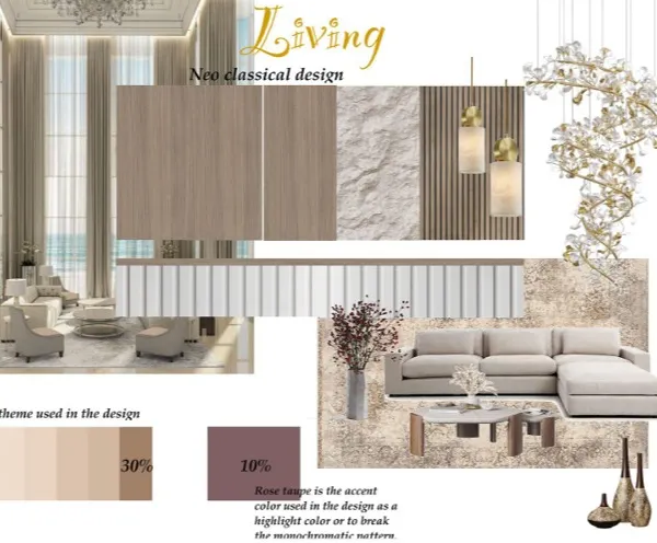 This mood board for a neo-classical living room outlines the core elements of our design concept. It details the color theme, material selections like wood and stone, and key furniture pieces to ensure a cohesive and elegant final space.