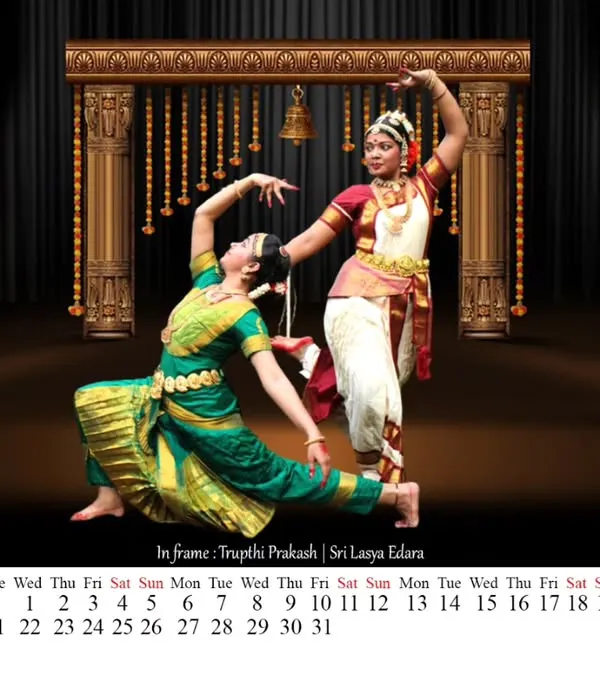 A stunning calendar shot showcasing the elegance of classical Indian dance with our Kuchipudi and Bharatanatyam students.