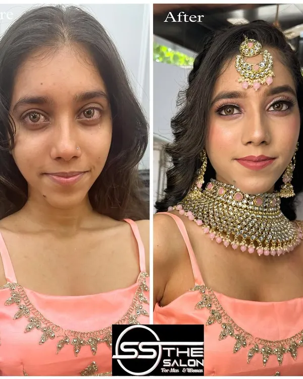 This before and after image shows a complete makeup transformation for a client's pre-wedding event. I focused on creating a radiant base, defining her eyes, and adding soft waves to her hair, complementing her traditional attire and jewelry for a picture-perfect look.
