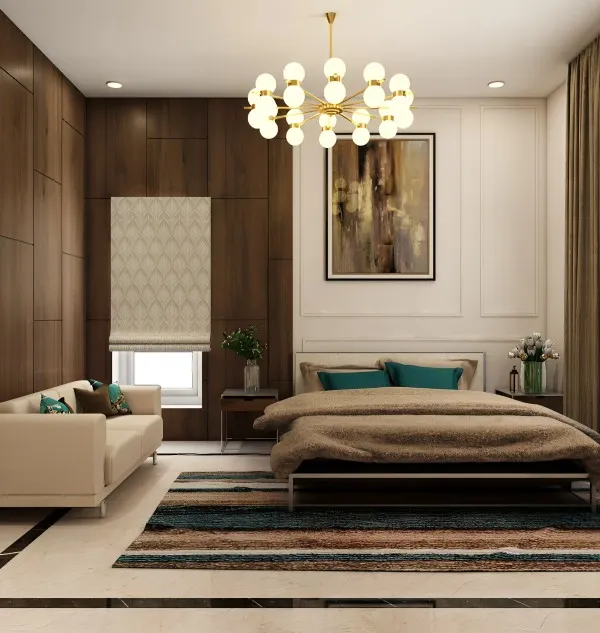 A photorealistic render of a sophisticated master bedroom. The design is defined by a floor-to-ceiling wood-paneled wall, a statement chandelier, and a plush sofa, creating a luxurious and inviting atmosphere.