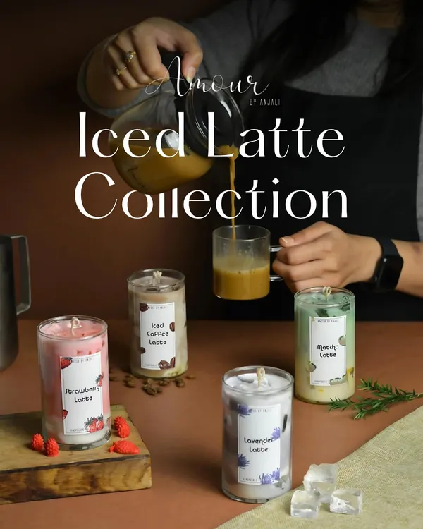 An overview of my Iced Latte Collection, featuring four delicious scents: Iced Coffee, Iced Matcha, Iced Lavender, and Iced Strawberry. These candles look and smell just like your favorite café drinks.