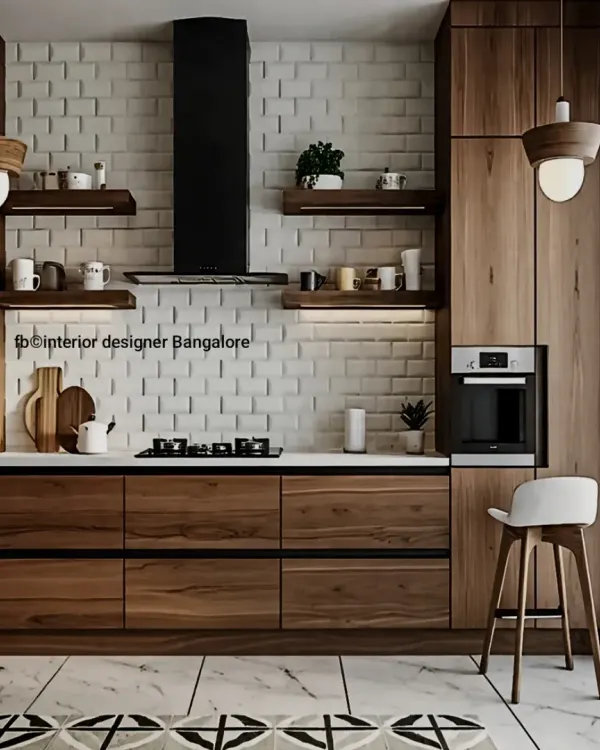 This kitchen combines rustic and industrial elements with warm wood cabinets and a white brick-patterned backsplash. The design includes a breakfast bar with seating and open shelving, creating a stylish yet practical space for any Bangalore home.