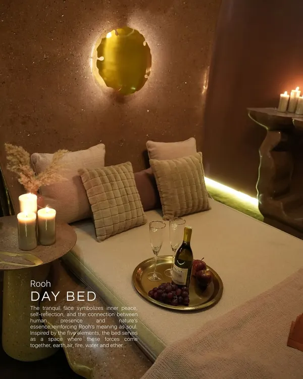 The Rooh Day Bed, a piece from our Rooh Collection, which symbolizes inner peace and the connection between human presence and nature's essence. It's a space where the five elements come together.