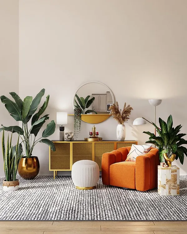 A demonstration of our interior plant styling. We selected plants and decorative pots that act as living decor, enhancing the color scheme and modern furniture of this beautiful living room corner.