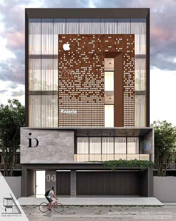 A 3D render for a commercial building featuring a parametric façade made of perforated corten steel. This design provides a unique identity for the brand while controlling sunlight into the office spaces behind it.