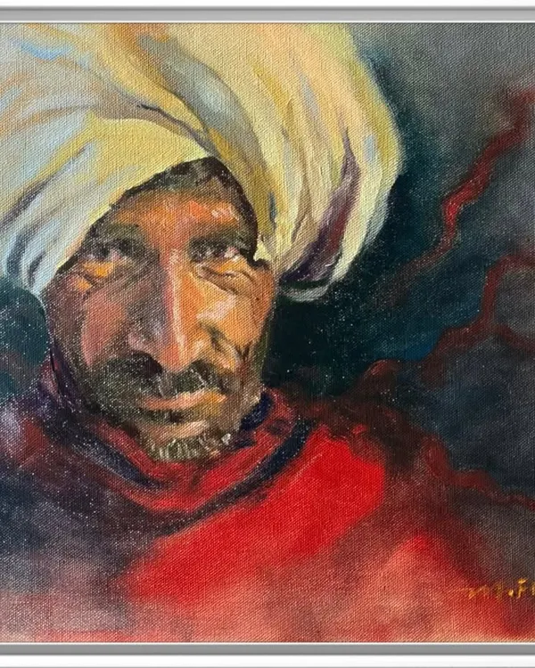 'The Red Turbaned Soul,' an oil on canvas piece. I used a palette knife and expressive brushwork to create a sense of movement and energy, contrasting the fiery red with the deep, thoughtful expression of the subject.